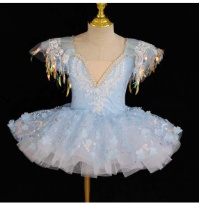 Girls kids blue pink sequins ballet dance dresses tutu skirts party stage performance jazz dance dresses